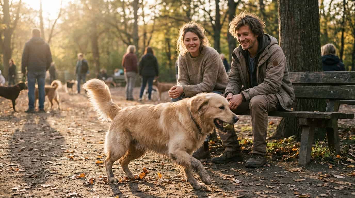 Golden Retriever beim Spaziergang, Paar auf einer Parkbank im Hintergrund