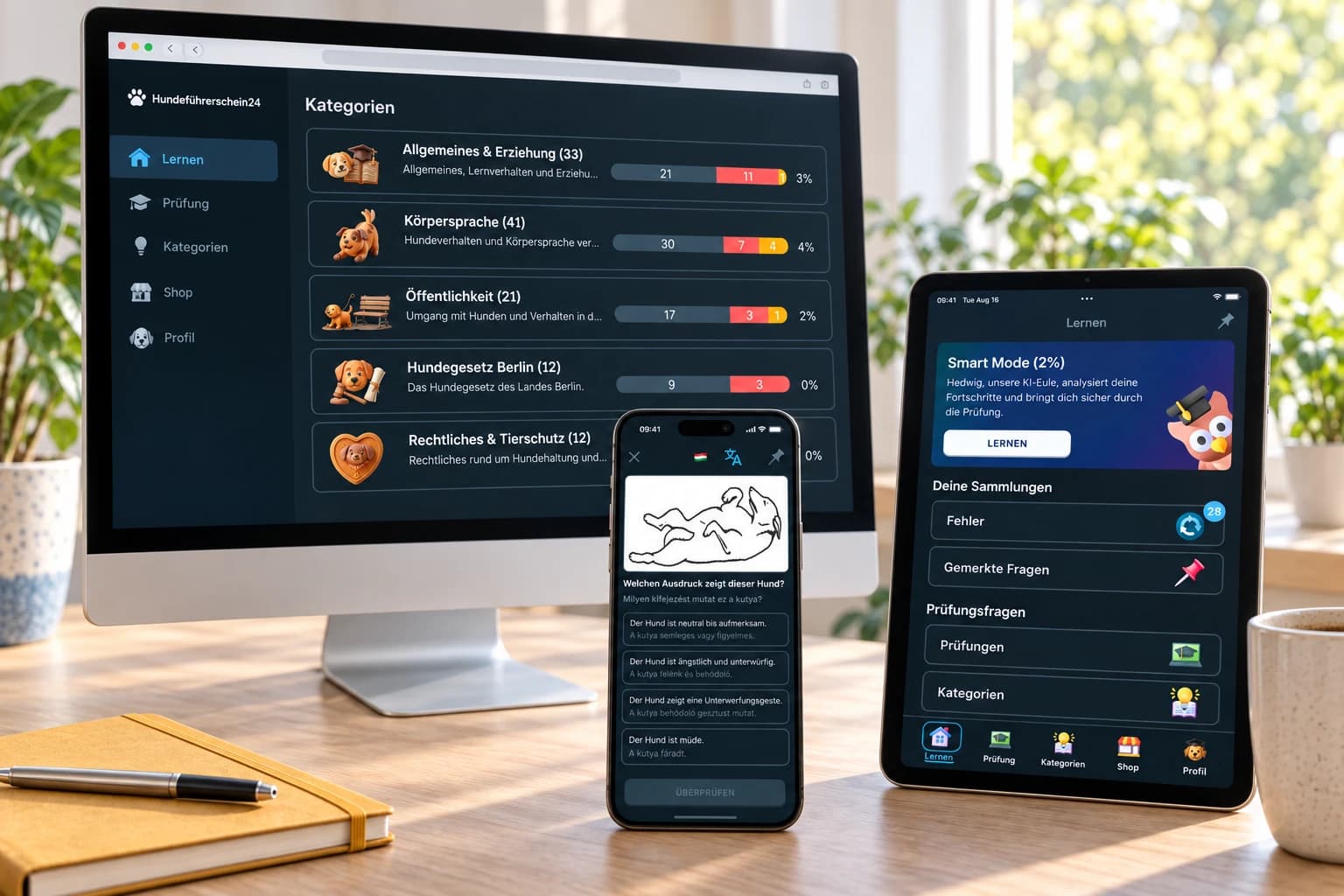 Hundeführerschein24 auf Desktop, iPad und iPhone an einem hellen Schreibtisch mit unterschiedlichen Lernansichten