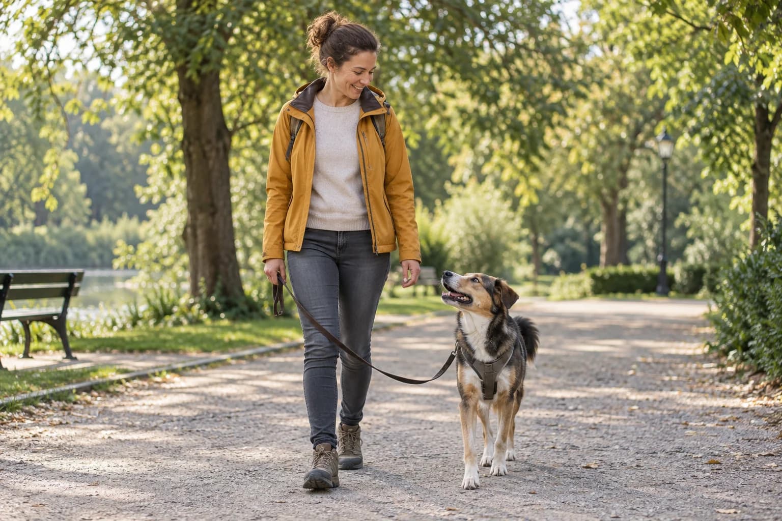 KI-generiertes Symbolbild: Eine erwachsene Person geht mit einem entspannten Hund an lockerer Leine spazieren