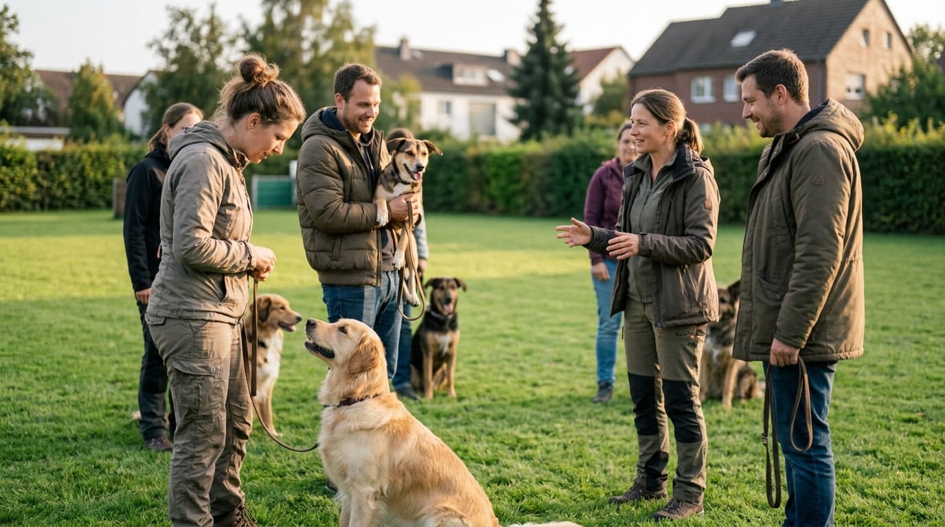 Hundehalter mit ihren Hunden auf einer Wiese im Gespräch