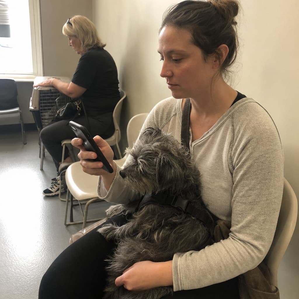 Frau mit Terrier-Mischling auf dem Schoß schaut im Wartezimmer auf ihr Smartphone