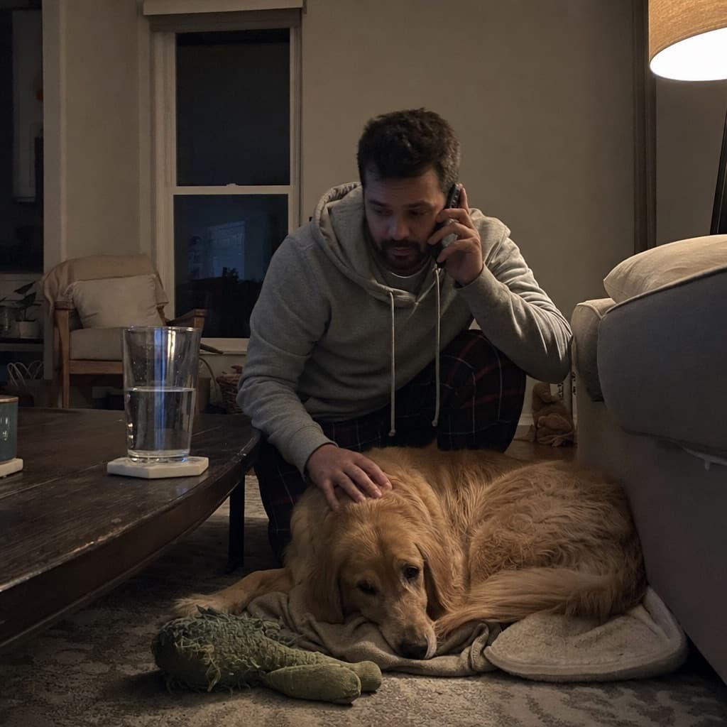Mann telefoniert nachts im Wohnzimmer und streichelt seinen erschöpften Golden Retriever